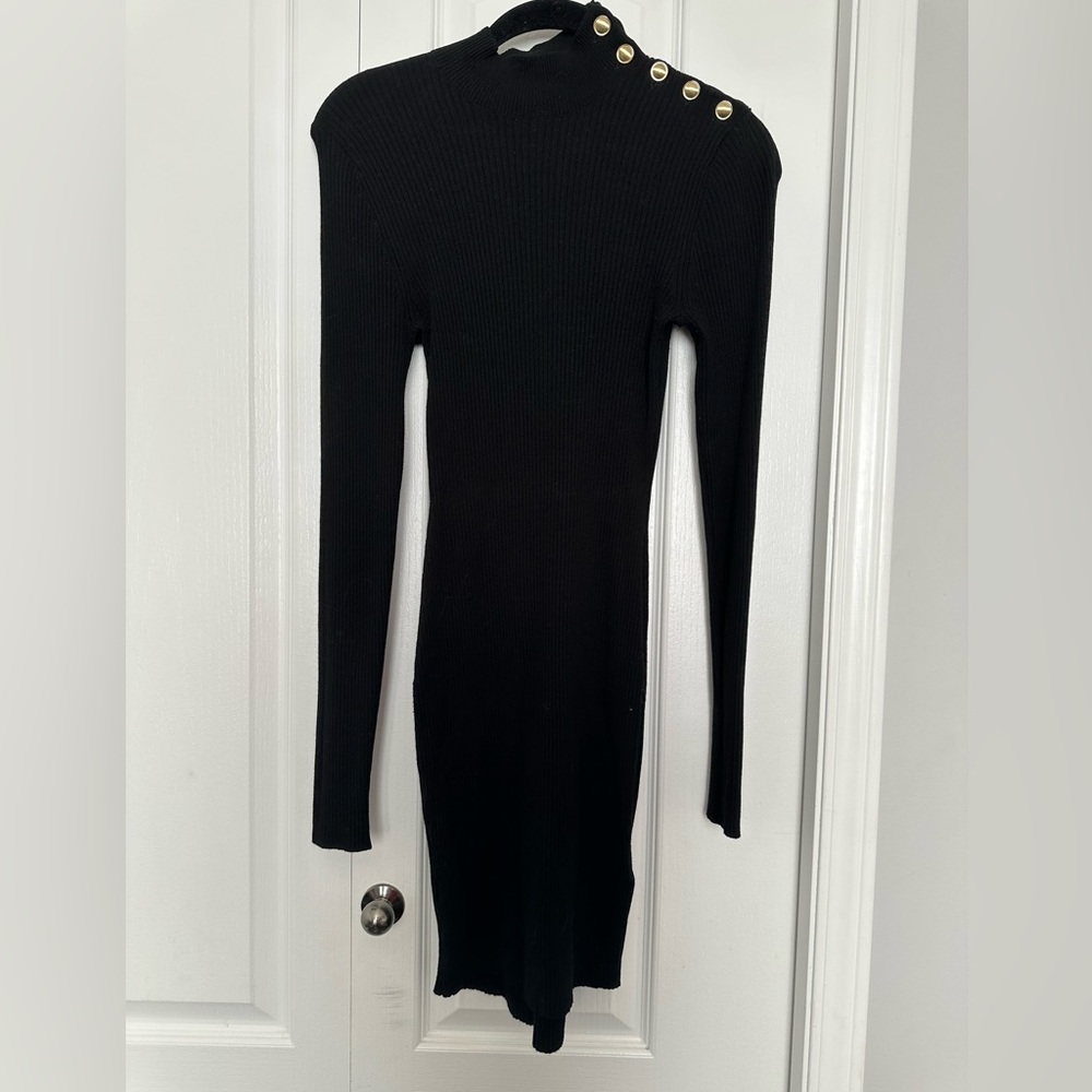 H&M Black Long Sleeve Sweater Dress with Gold Button Accents in size S